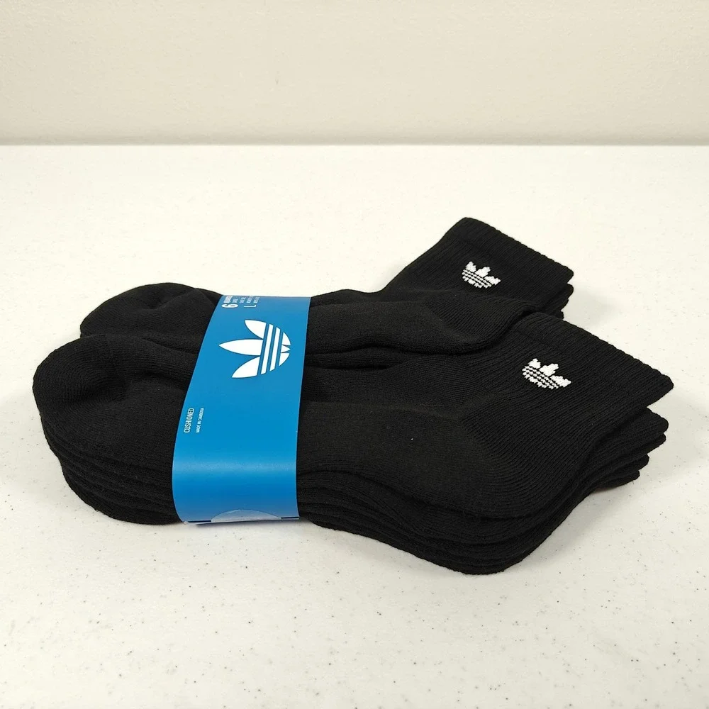 Adidas Originals Trefoil Cushioned Quarter Socks 6 Pair Black Men's L 6-12 New